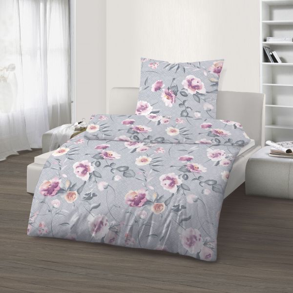 Biber Bettwäsche 2tlg. 135/200 cm 48063-417 Blumen silber