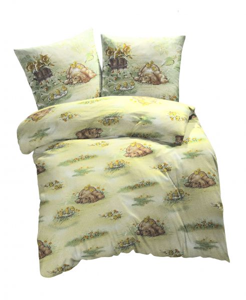 Biber Bettwäsche 2tlg. 135/200 cm 5588-13 Hund mit Küken beige grün
