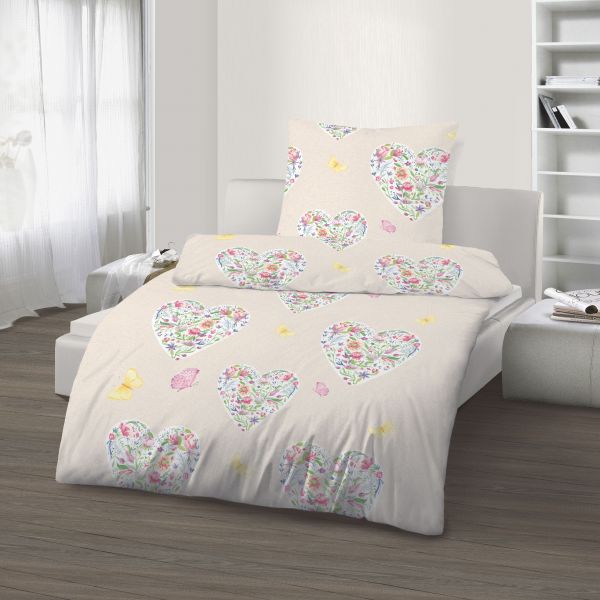 60/40 CO/PES  Renforce Bettwäsche 2tlg. 135/200 cm 105469-400 Herz Schmetterling apricot